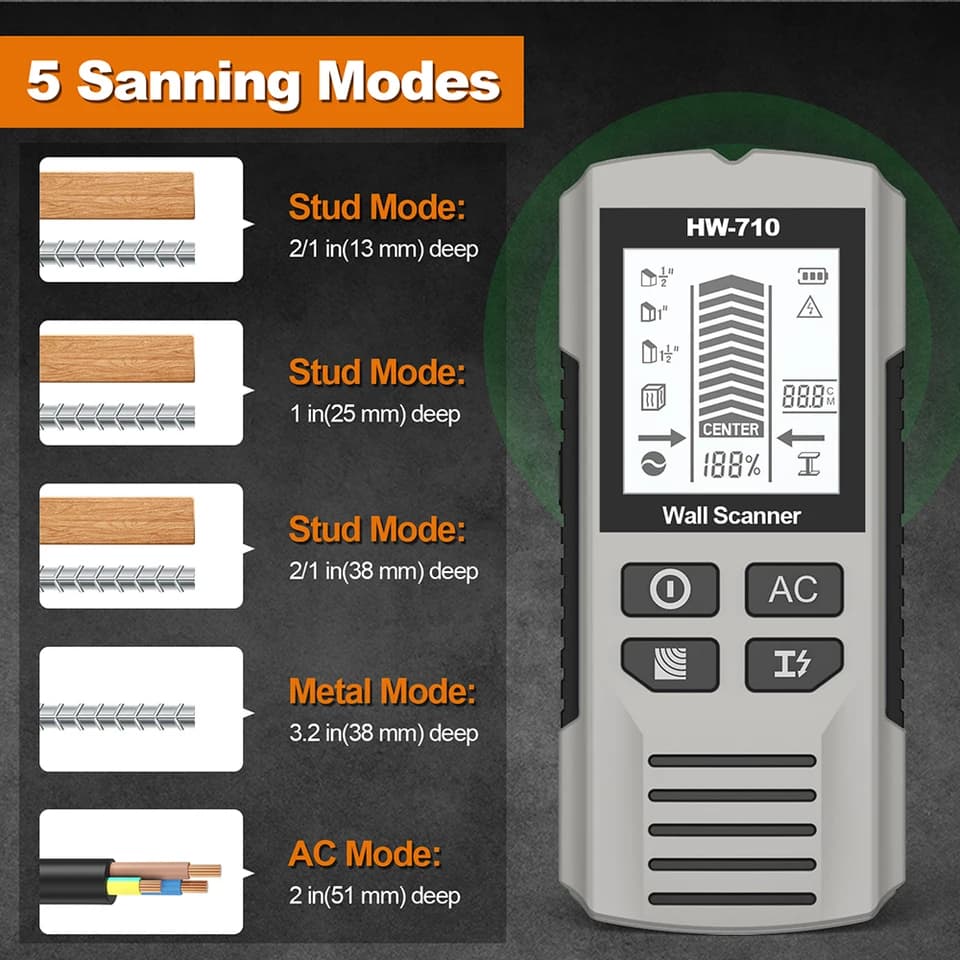 6-in-1 Wall Stud Finder | LCD Display & AC Voltage Live Wire | Metal & Wood Scanner - Thumbnail 6