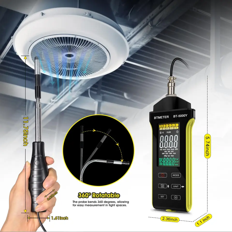 Digital Hot Wire Anemometer | Flexible Probe Airflow Meter | CFM/CMM Wind Speed & Temp - Thumbnail 5