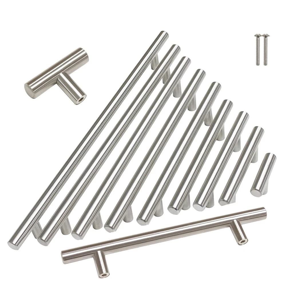 Black or silver stainless steel T-bar straight handle for wardrobes, furniture, and kitchen cabinets. A long, sleek pull for drawers and closet doors.