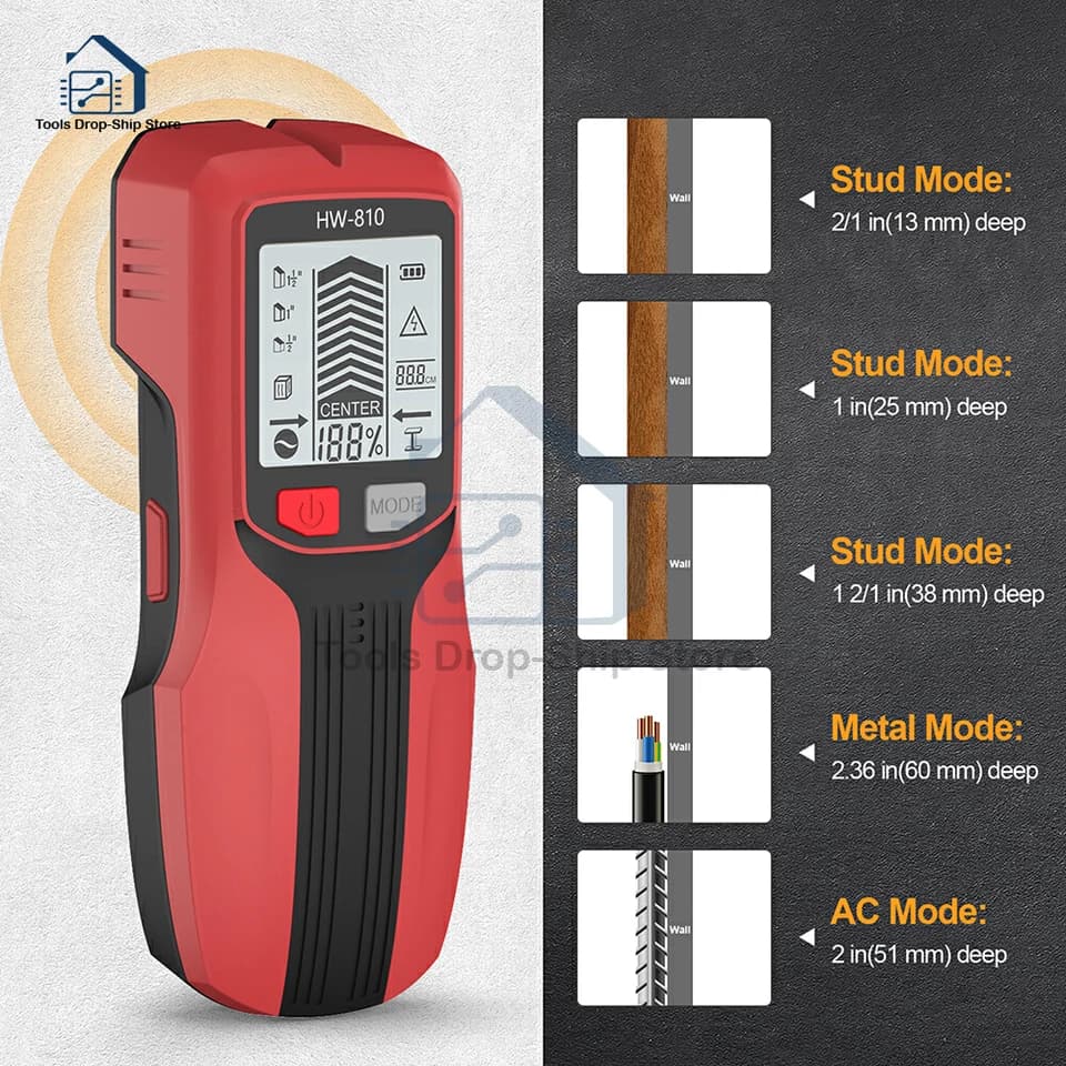 6-in-1 LCD Stud Finder | Live Cable & Metal Detection | Wall Scanner Depth Measurement - Thumbnail 3