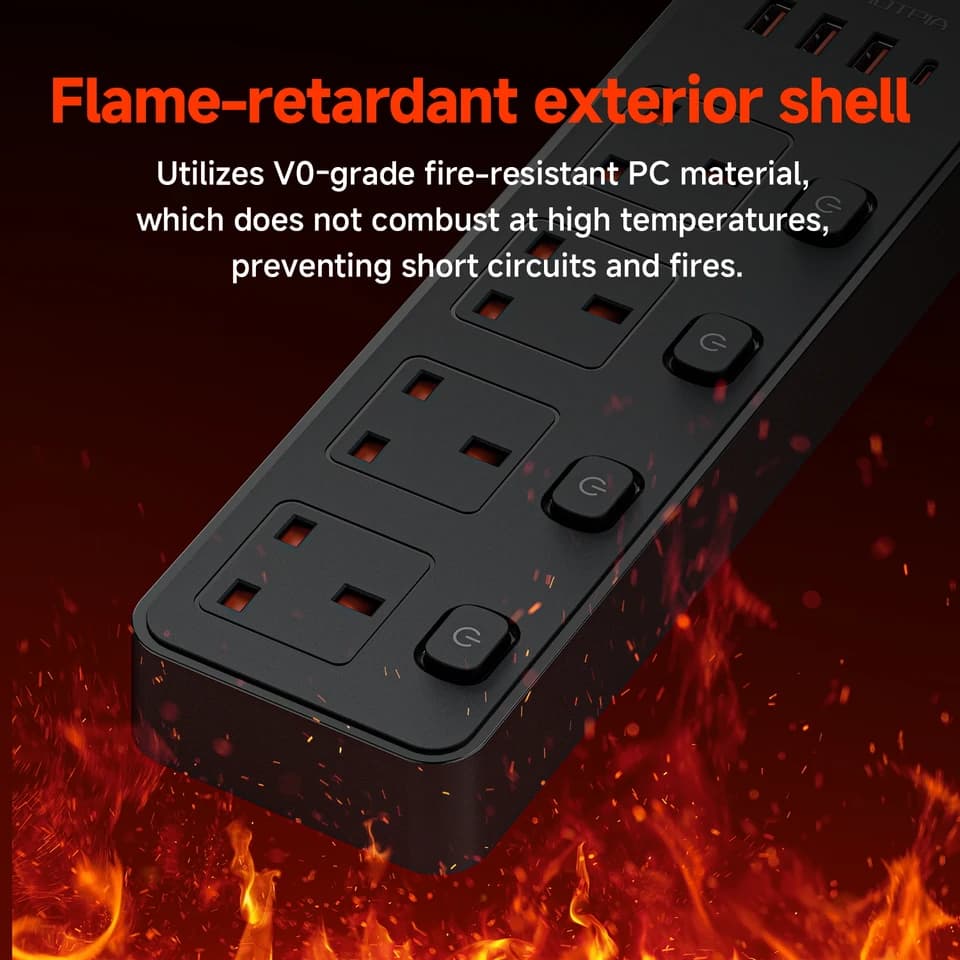 UK Plug Extension Lead | Switched Outlets & USB-C | 1.8m Cable, Surge Protected - Thumbnail 6