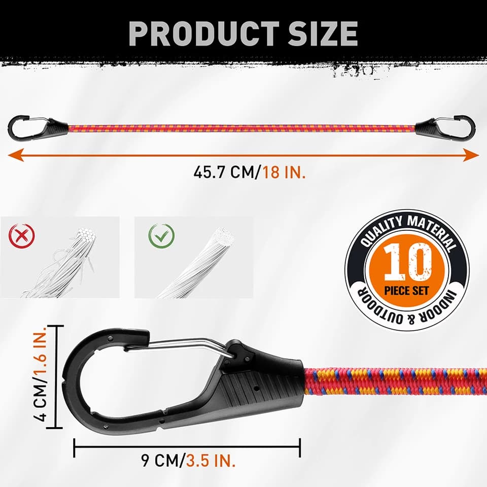 18" Bungee Cords with Hooks | 10 Pack Heavy Duty | Outdoor Assortment - Thumbnail 3