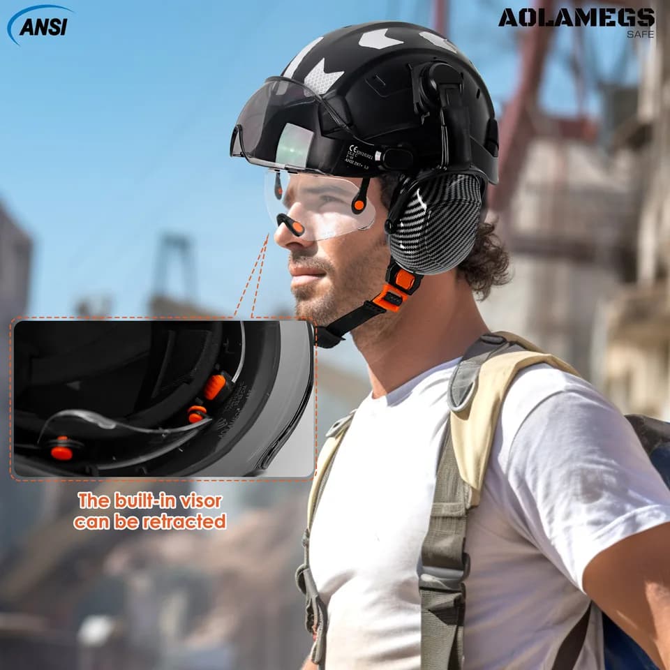 Carbon Fibre Hard Hat | Integrated Visor & Goggles | Noise Reduction Earmuffs - Thumbnail 6