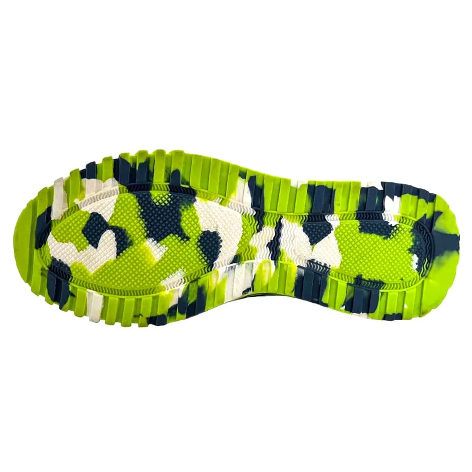 Steel Toe Cap Safety Boots: Sole with green, white, and dark blue camouflage pattern.