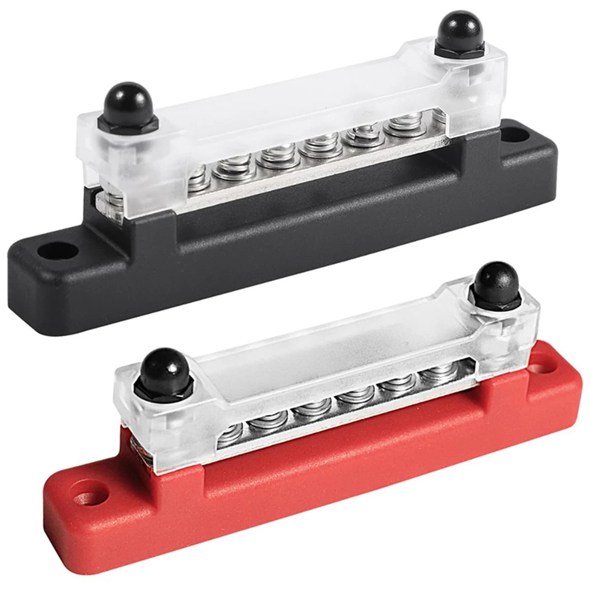 6 way bus bar terminal block for power distribution, rated 300V AC and 48V DC with a transparent protective cover and heat shrink tubing included.
