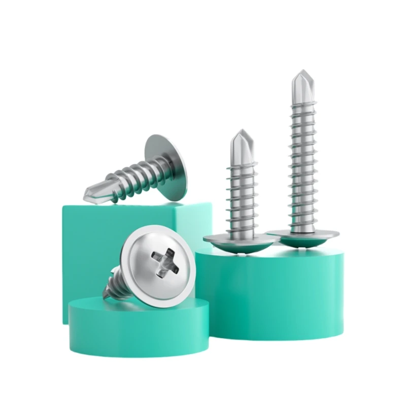 #8 Phillips head 410 stainless steel self-tapping TEK screws with self-drilling tips for metal construction and repair applications.
