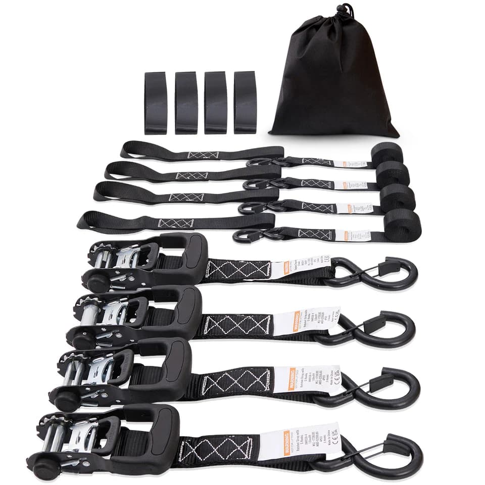 4x Ratchet Tie-Down Straps | Padded Handles & Hook | Cargo & Motorcycle Securing - Thumbnail 2
