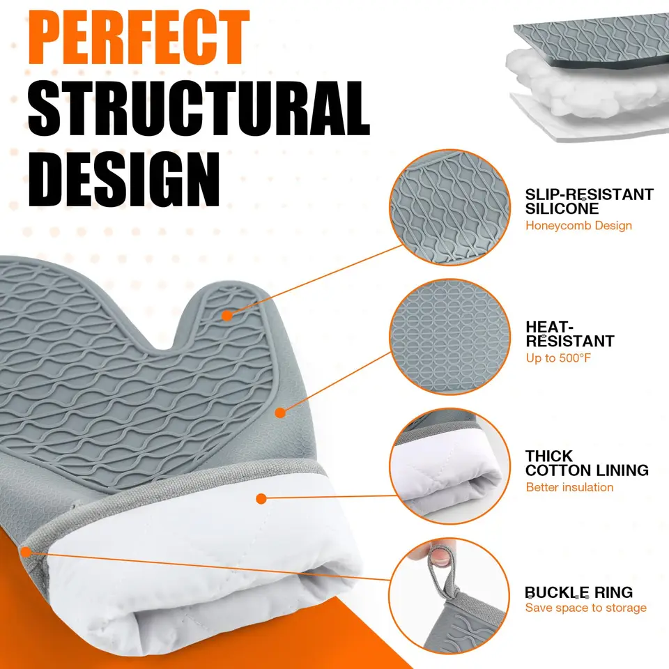 Heat Resistant Oven Gloves | Silicone, Cotton Lined | Non-Slip Grip, BBQ - Thumbnail 3