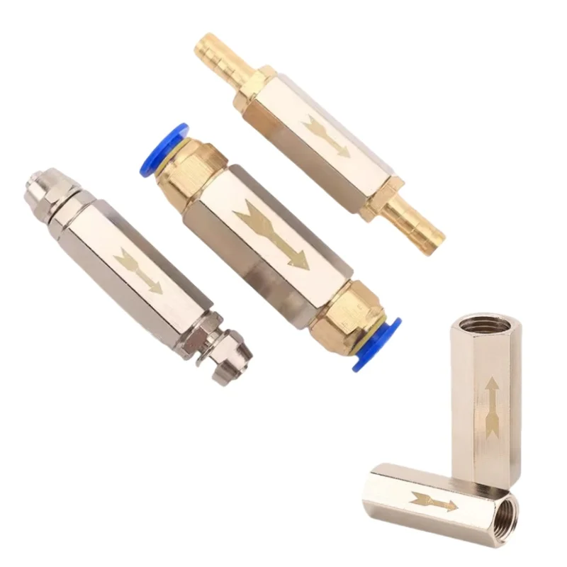Pneumatic one-way check valve connector for 6mm, 8mm, 10mm, and 12mm air hose, featuring a 1/8 inch NPT port and durable brass construction.