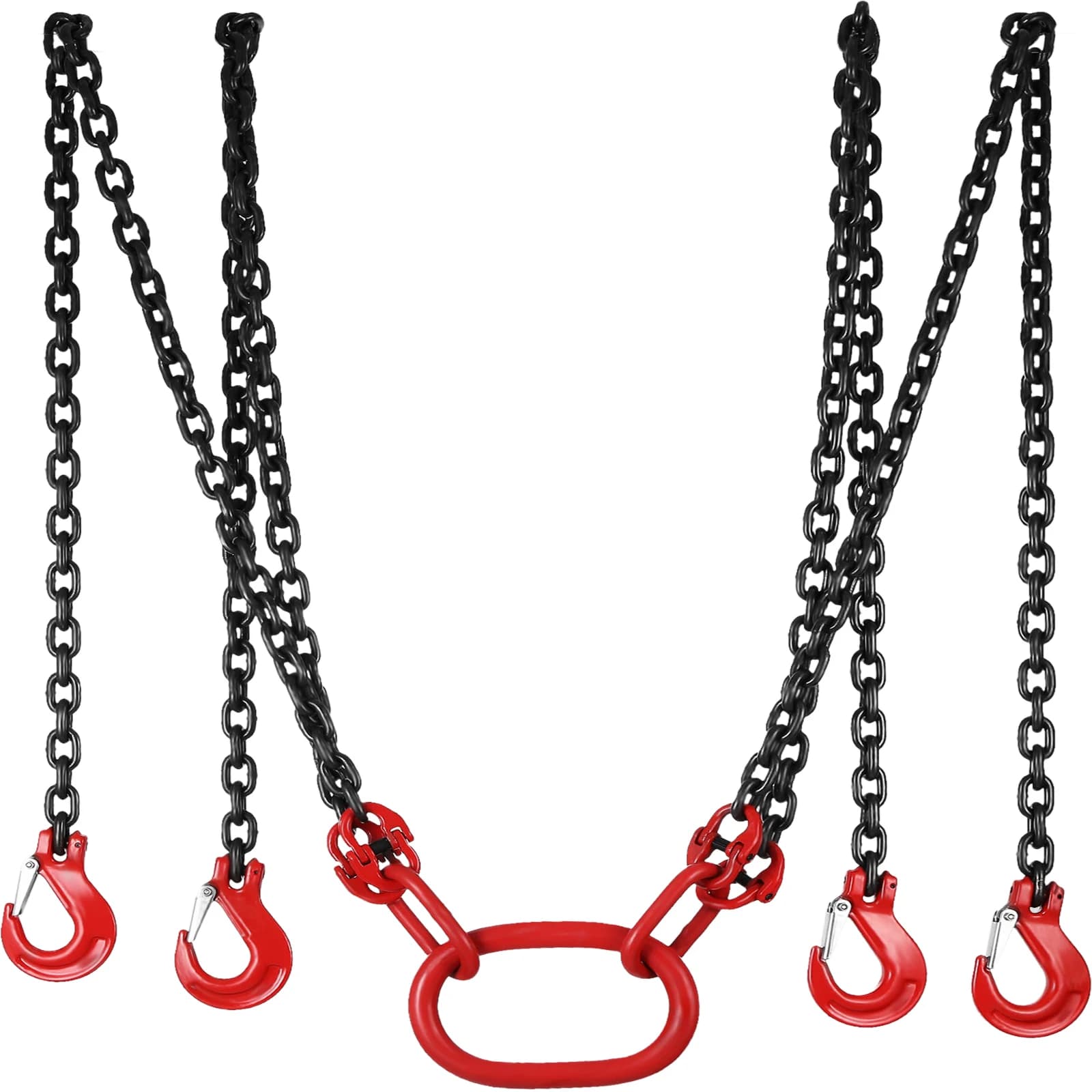 SucceBuy 5-ton heavy-duty lifting chain sling with 4 legs, G80 alloy steel hooks, and an adjuster for secure storage organization.