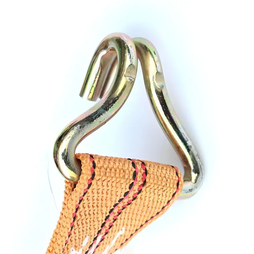 40mm Ratchet Tie-Down Straps: Close-up of two metal hooks on a woven strap, white background.