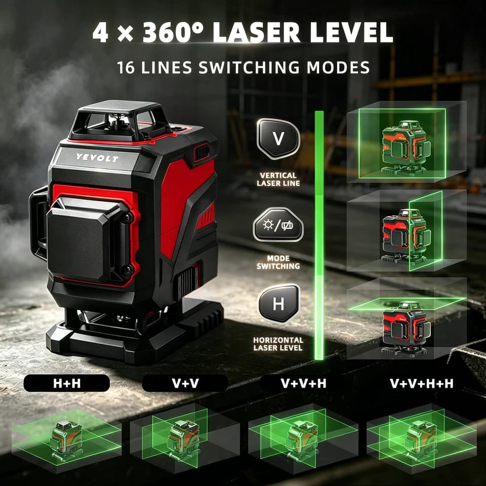 YEVOLT YVGLL4XS16 Laser Level | 16-Line 360° Self-Levelling | 3D Horizontal & Vertical - Thumbnail 3