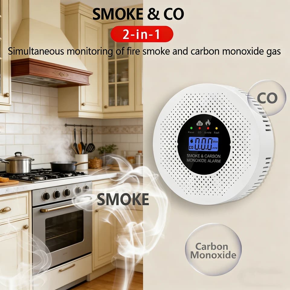 2-in-1 Smoke Detector & CO Alarm | LCD Display | Battery Powered for Home - Thumbnail 5