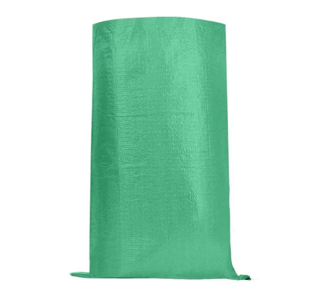 Green woven rubble sack on a white background.