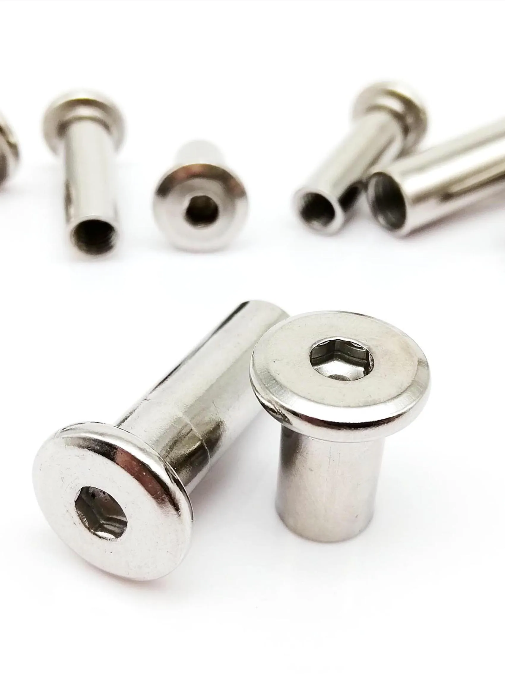 304 stainless steel hex socket head furniture connector nuts in sizes M3-M10, lengths 4-100mm, for secure joint assembly in furniture construction.