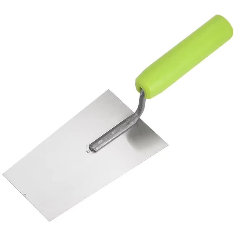 Premium flat hand plaster trowel with carbon steel panel and comfortable rubber grip for drywall, paint, and concrete repair.