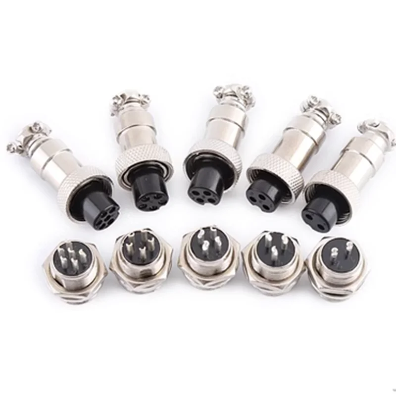 GX12 aviation plug and socket connector set with 2 to 6 pin options, featuring gold-plated contacts and a durable 12mm metal shell for secure panel mounting.