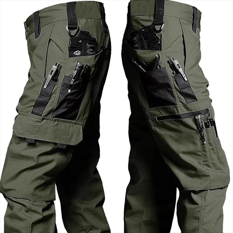 Tactical work pants men, white background, various items in pockets.