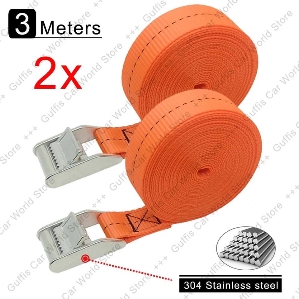 2x 3m Ratchet Straps | Stainless Buckle | Car & Motorcycle Tie Down - Thumbnail 2