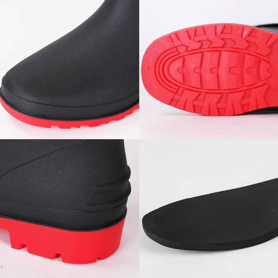 Men's Rain Boots: Four close-up views of a black boot with a red sole.