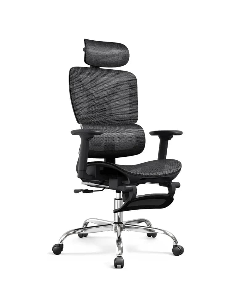 Ergonomic mesh office chair with reclining backrest, adjustable footrest, and heavy-duty construction for comfortable computer work.