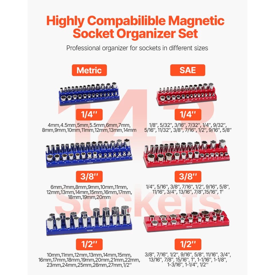 Plug Socket Organizer | Magnetic SAE & Metric Trays | 3/8 & 1/2 Drive - Thumbnail 2
