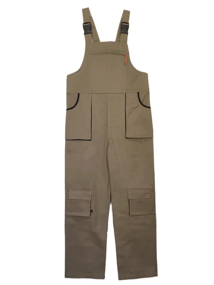 Bib & Brace Work Overalls, single beige pair on white background.