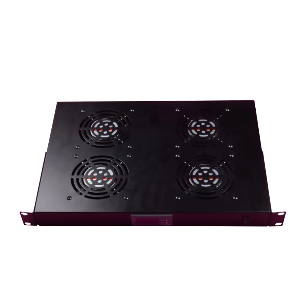 MT-6100 4 fan shelf cooling unit mounted in a standard 19 inch server rack, showing its industrial-grade construction and airflow vents.