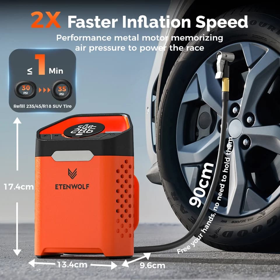 ETENWOLF V3 Digital Tyre Inflator | 160 PSI, 100% Duty Cycle | Cars, Bikes - Thumbnail 2