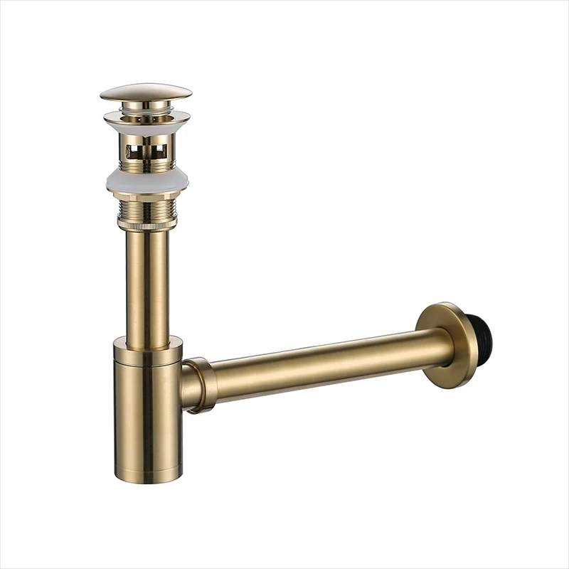 Brushed Gold P-Trap Siphon | Round Brass Basin Waste | Pop-Up Drainer - Image 1