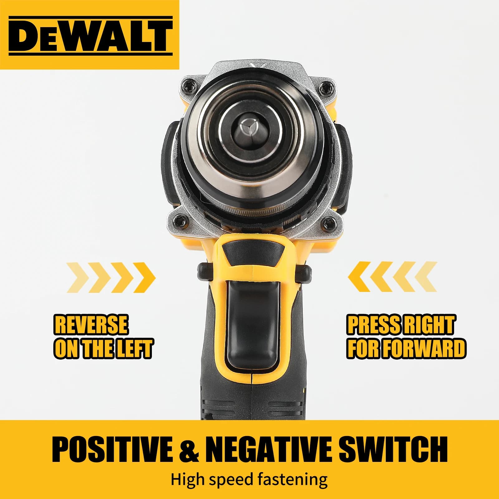 DEWALT DCD805 Brushless Compact Percussion Drill with lithium-ion battery, showing ergonomic grip and metal chuck.