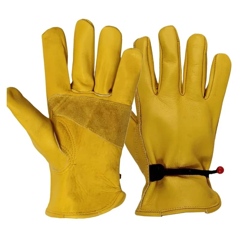Pair of durable cow leather work gloves for welding, mechanic work, driving, hunting, and farm or garden use.