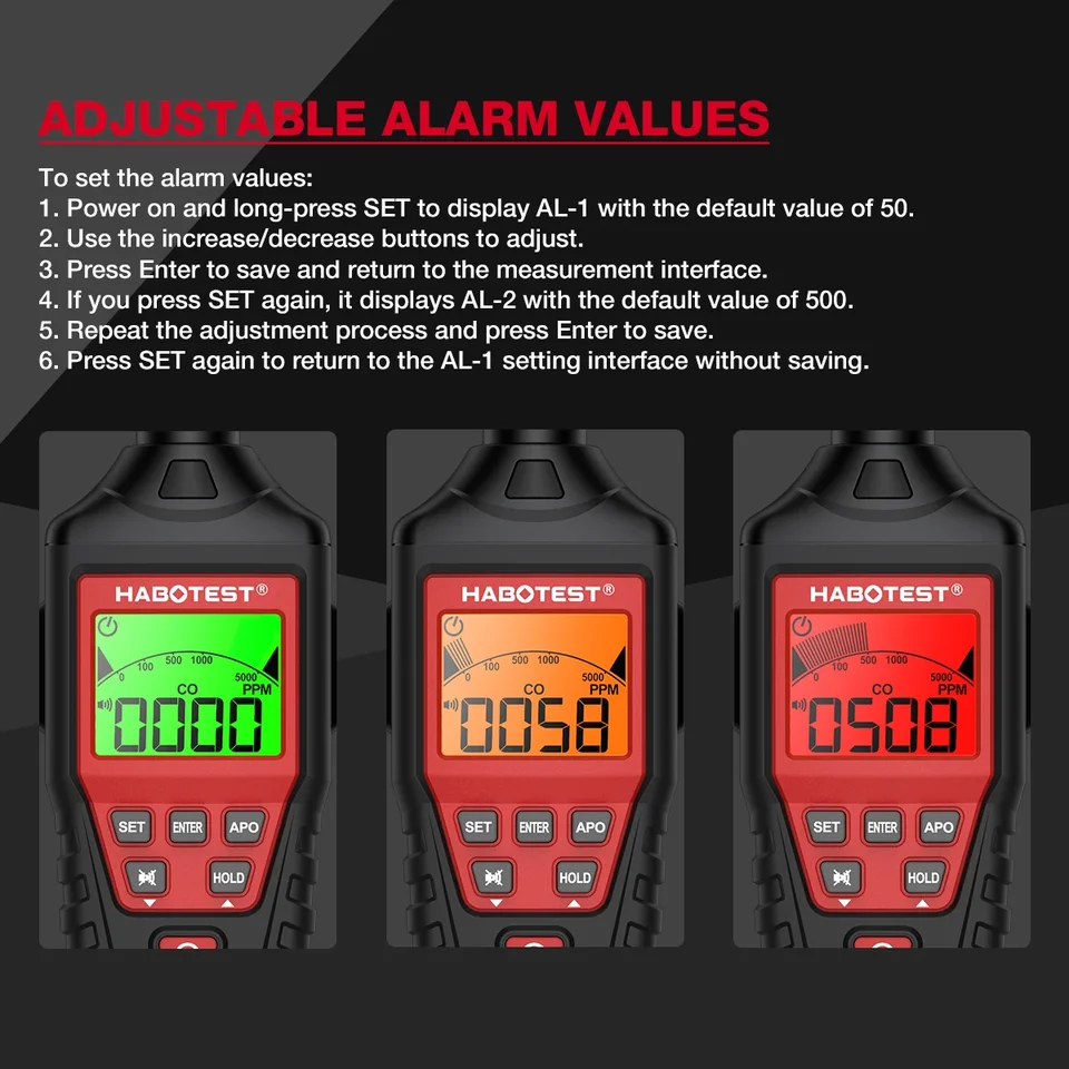 HABOTEST HT621 Carbon Monoxide Detector | Professional CO Gas Tester | LCD Display - Thumbnail 5