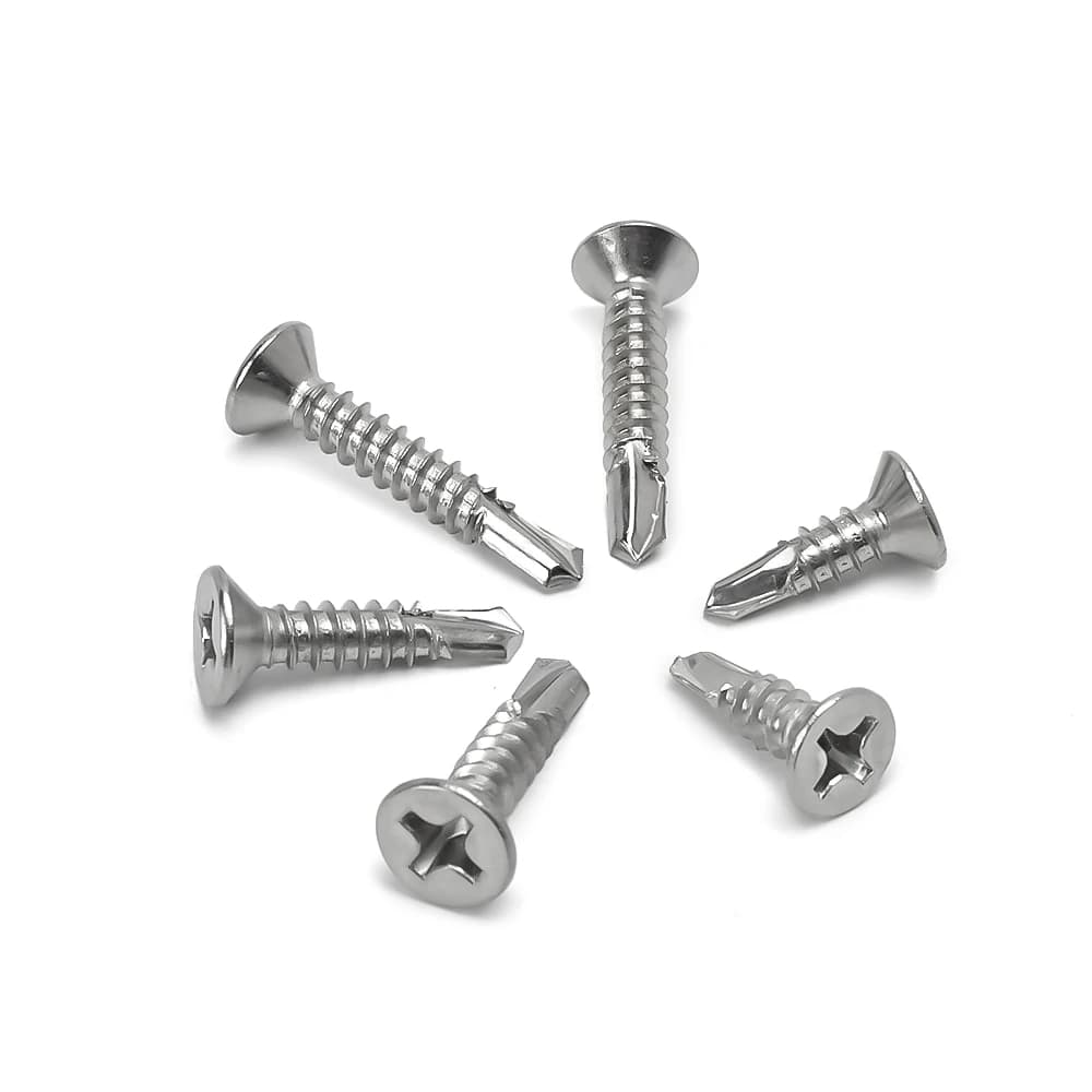 410 stainless steel Phillips drilling screws with flat countersunk head for self-tapping applications in woodworking, metalwork, and drywall.