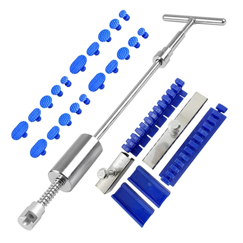 An auto paintless dent repair tool kit featuring a suction cup and slide hammer for dent removal.