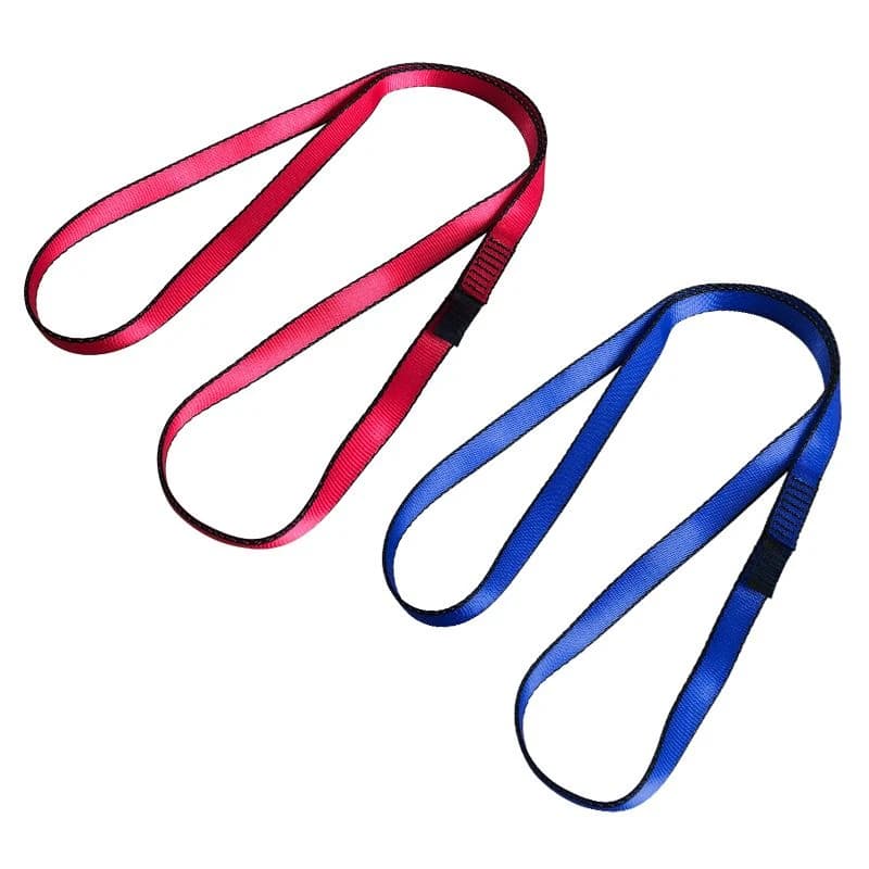 Orange 1-inch tubular climbing sling runner with sewn loop, rated for 22KN strength, for rock climbing, rappelling, and outdoor rigging.