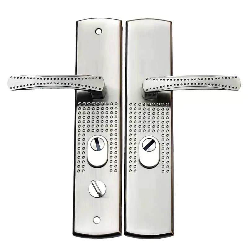 Universal security door handle made from thickened aluminium alloy panel. A household hardware fitting for various doors.