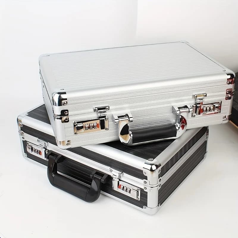 Portable aluminum alloy toolbox with combination lock, featuring sponge inserts for protecting precision instruments from falls and impacts.