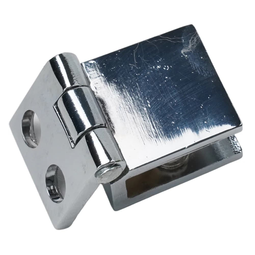 No-hole clamp hinges for glass doors, suitable for shower enclosures, with single or double-sided mounting options.
