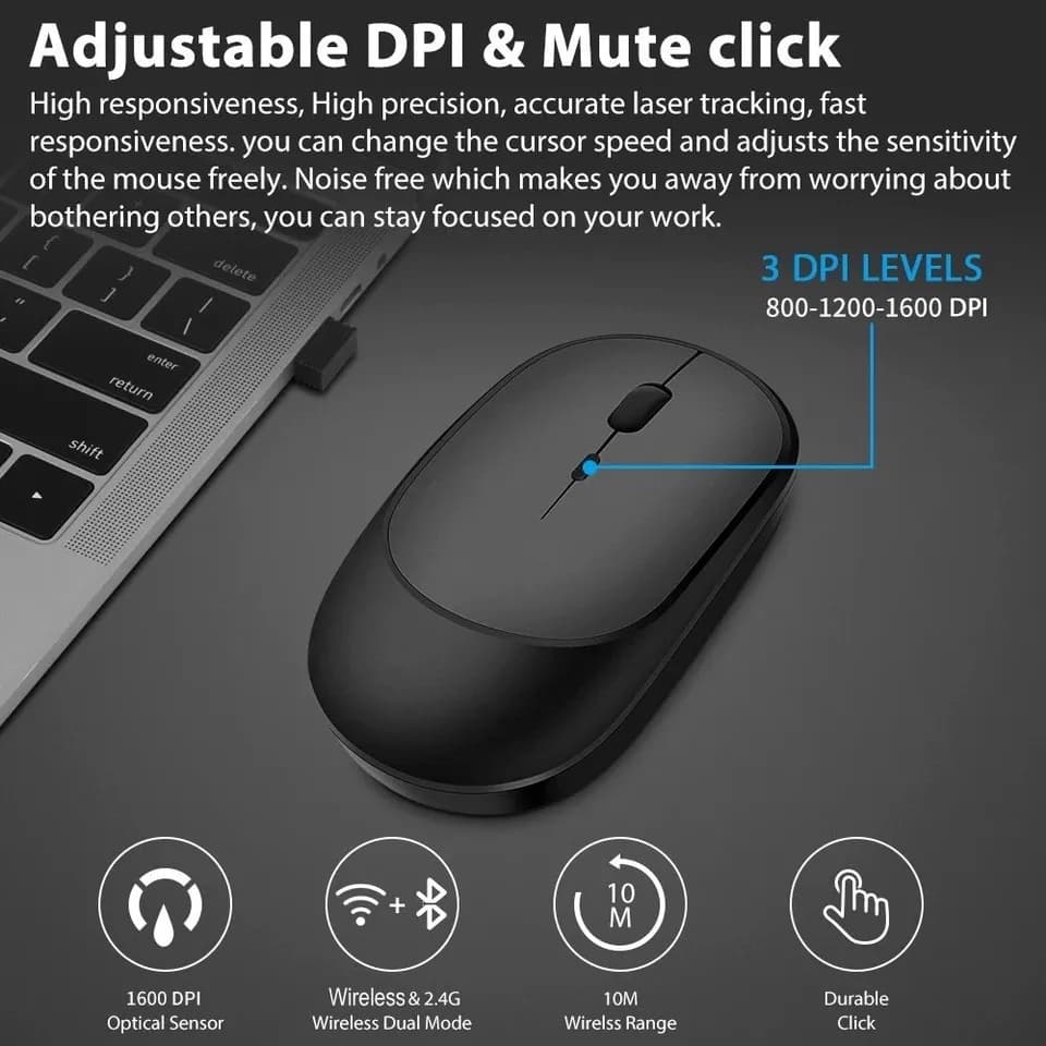 Wireless Mouse Rechargeable | Dual Mode Bluetooth & 2.4G USB | Silent Click for Laptop - Thumbnail 5