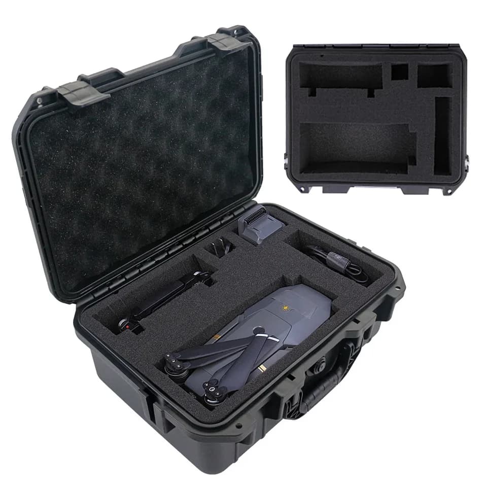 Tool box with drone and accessories, showing foam insert.