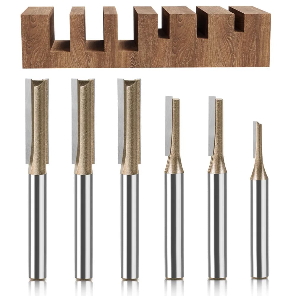 6mm shank CNC straight bit with single and double flute options for flush trimming and precise woodworking applications.