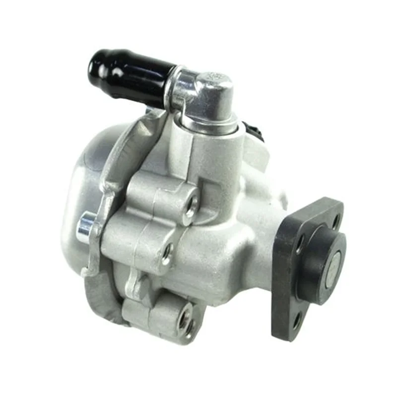 A new power steering pump for BMW E46 models, featuring a metallic finish and multiple ports for fluid lines.