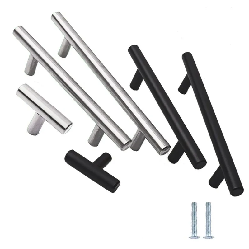 Stainless steel T-bar straight handle for kitchen cabinets, furniture drawers, and wardrobe doors. Available in black or silver finishes.