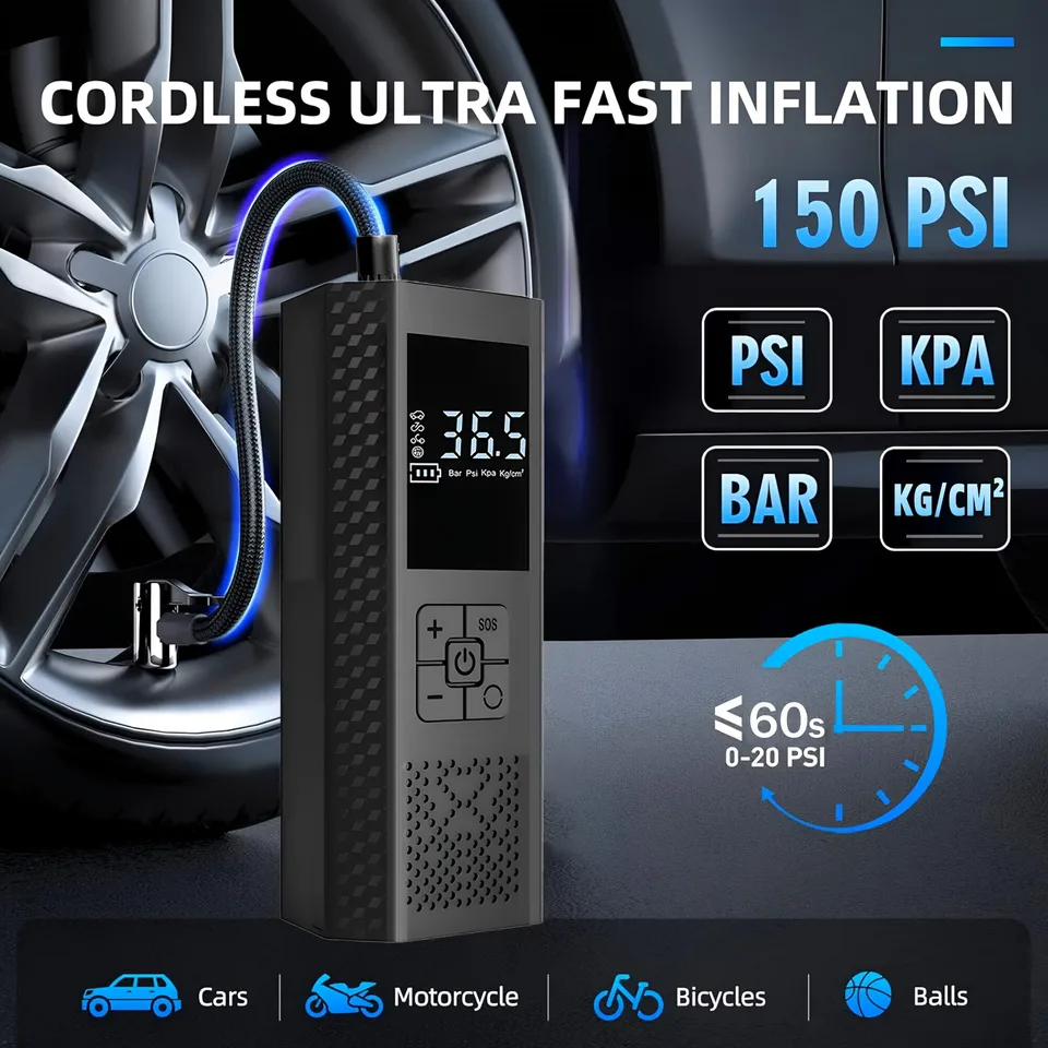 Digital Tyre Inflator for Car | 150PSI Portable Air Compressor | Motorcycle & Bike Tyres - Thumbnail 5