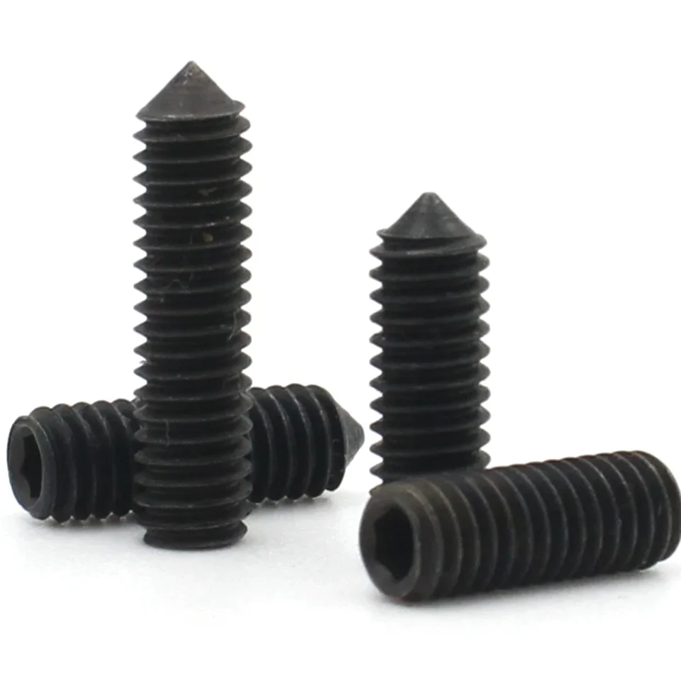 Grub screws: black cone point set screws with hex drive on white.