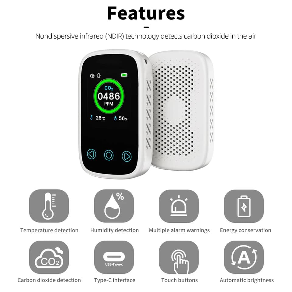 Carbon Monoxide Detector | 3-in-1 CO2, Temp, Humidity | NDIR Sensor, Voice Alarm - Thumbnail 2