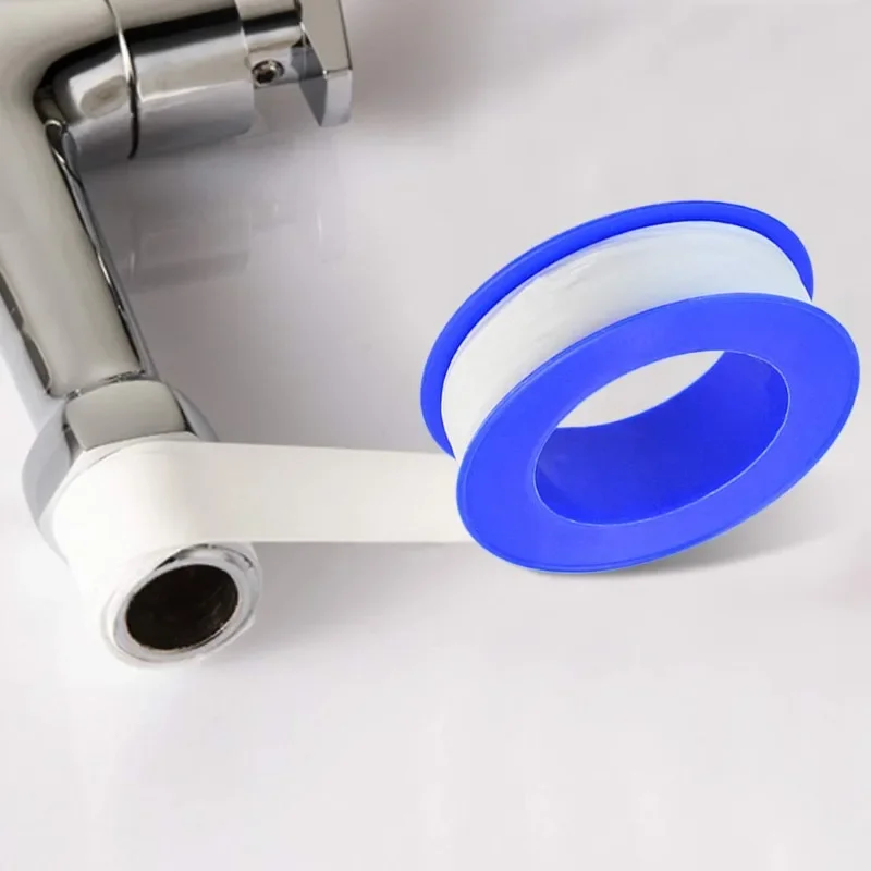 PTFE Thread Tape on a chrome faucet, white roll with blue core.