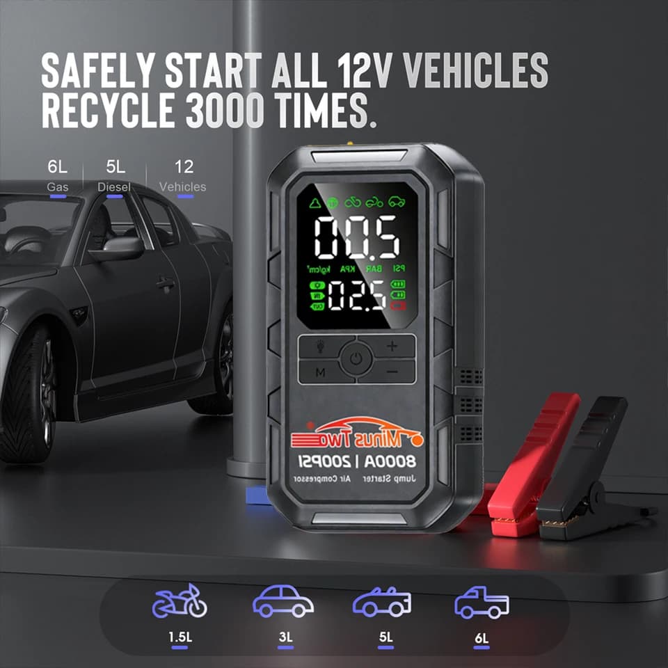 Jump Starter with 150PSI Air Compressor | Digital Tyre Inflator | Car Battery Charger - Thumbnail 7