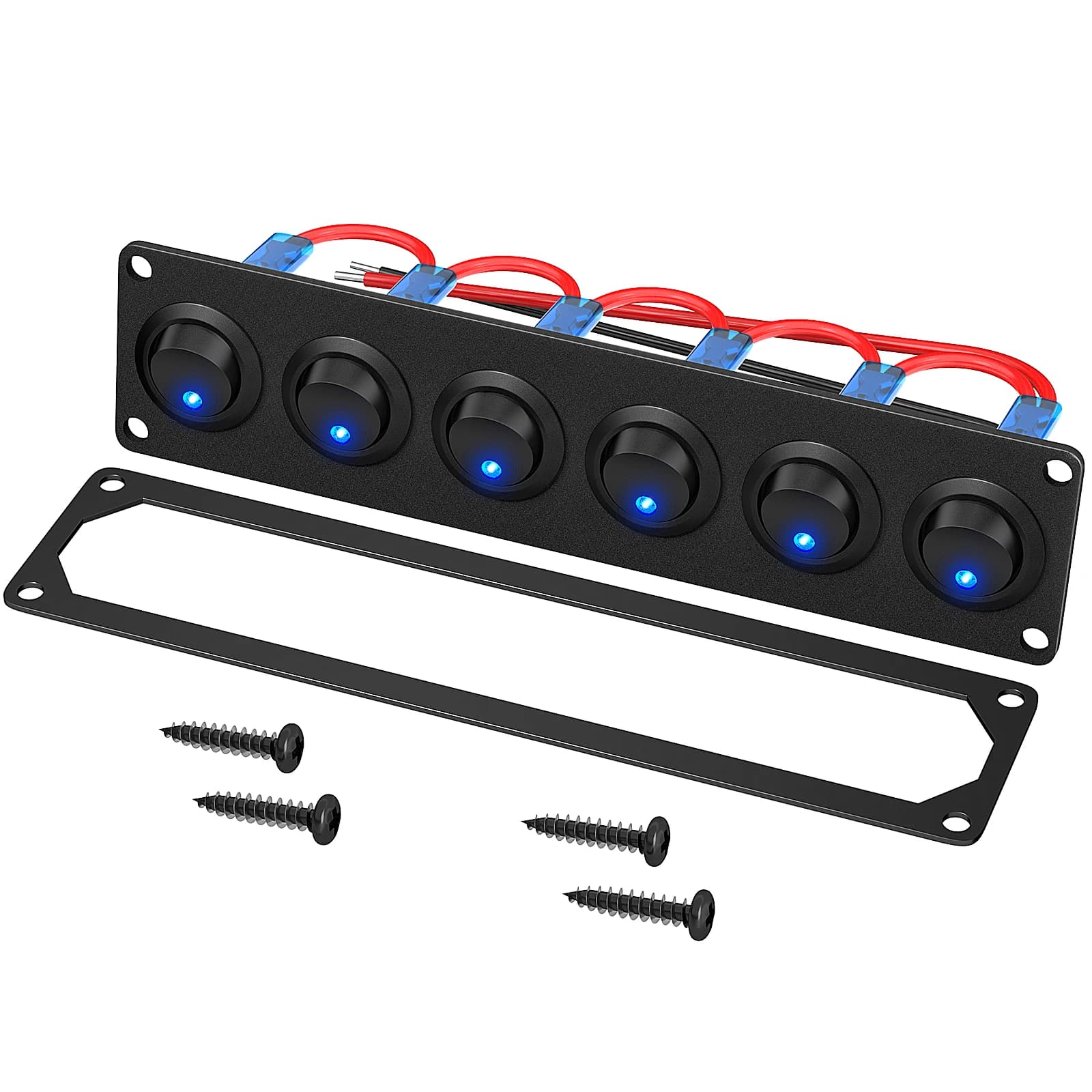 DaierTek 6 gang 12V marine rocker switch panel with blue LED backlighting for RV, boat, or truck dashboard installation.